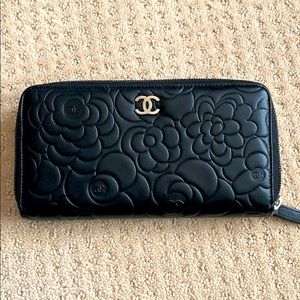 Chanel camellia embossed leather zip around wallet